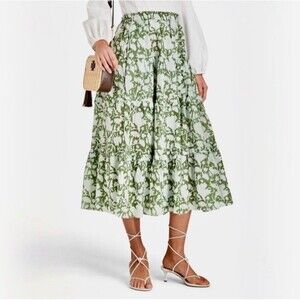 Maje Jitale Floral Ruffled Midi Skirt In Green, Size EU 36/US 4
